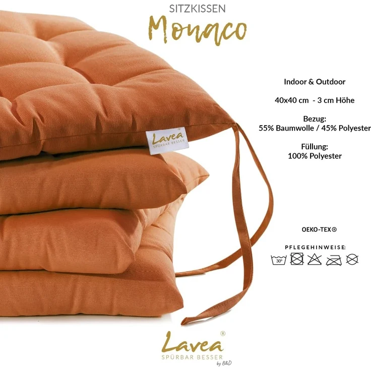 Lavea Stuhlkissen MONACO - weich gepolsterten Sitzkissen Set (4er & 8er), 40x40x3 cm, mit Stoffbändern, Indoor & Outdoor, für Garten & Balkon – Bild 3