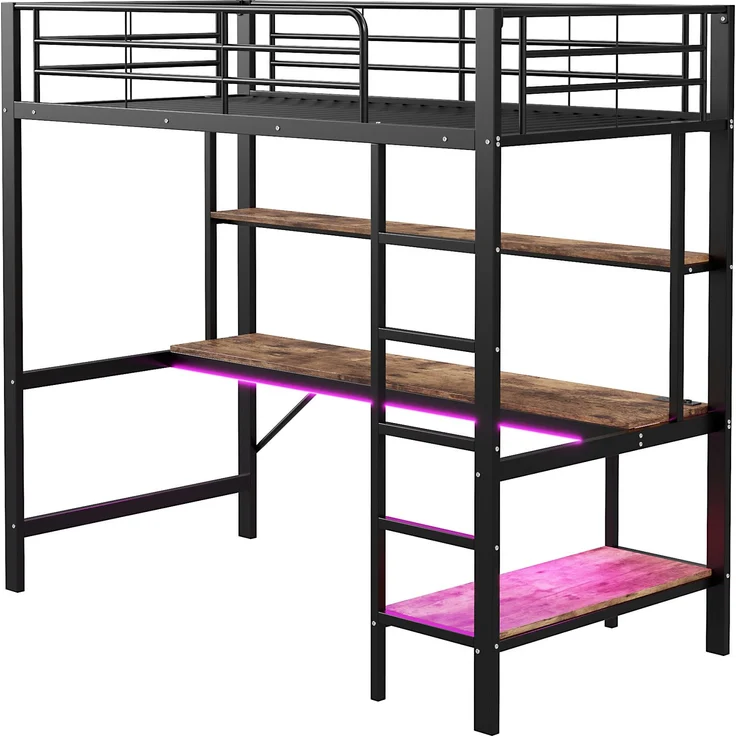 Hochbett 90x200 cm, Kinderbett und Jugendbett, mit Schreibtisch, mehrstöckigem Regal, LED-Licht und USB/Steckdose, Metall, Schwarz – Bild 6