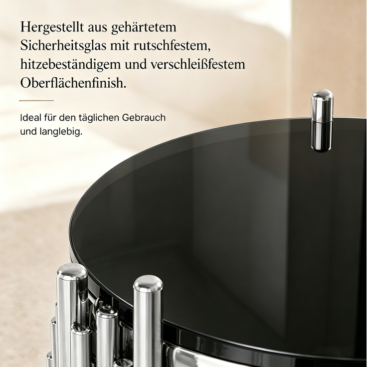 Couchtisch 45 cm rund aus gehärtetem Glas und Edelstahl in Schwarz/Silber – Bild 6