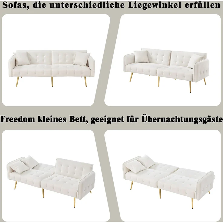Sofabett 2-in-1 Samt,Zweisitzer mit verstellbarer Rückenlehne & Armlehnen, zum Gästebet,Weiß – Bild 9