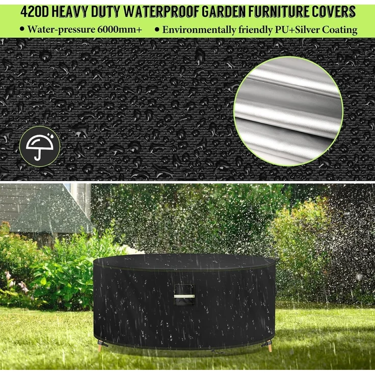 VDISRR Abdeckhaube Gartenmöbel, 420D Oxford Abdeckhauben Für Tische Ø190x74 cm, Gartentische Schutzhülle mit Belüftungsöffnungen Wasserdicht, UV-beständig, Staubfest, Winterfest für Terrassenmöbel – Bild 2