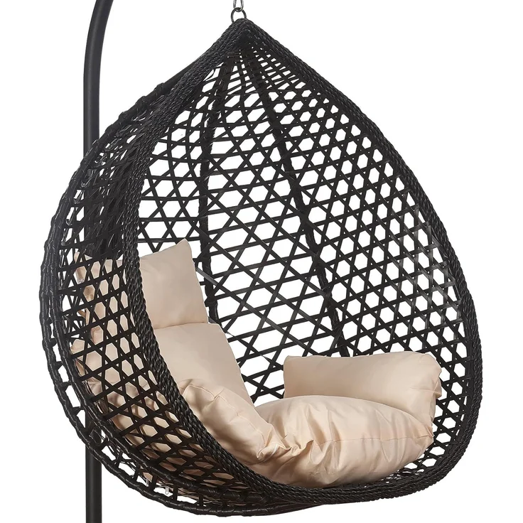 Luxus Hängesessel Style XXL Rattan Korb Gestell Schwarz mit Relaxkissen Beige – Bild 6
