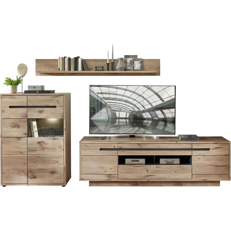 Wohnwand Wohnzimmerschrank BELLANO HH83 Viking Oak Nature mit LED