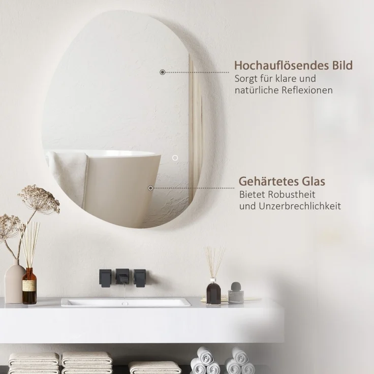 Badspiegel 70x50 cm, asymmetrisch, mit LED-Licht und Antibeschlagfunktion, Silber – Bild 5