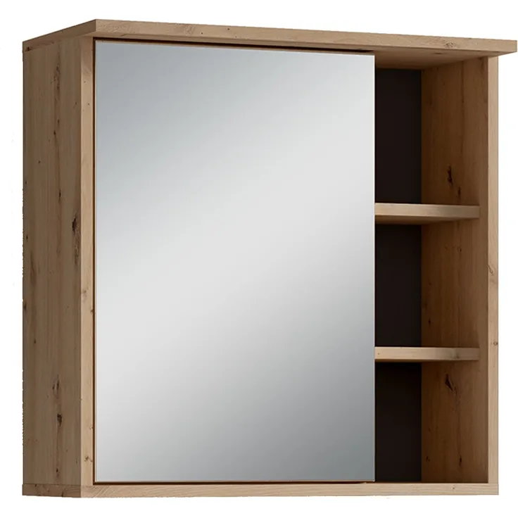 byLIVING Badezimmer Spiegelschrank WELLNESS mit LED-Beleuchtung & Steckdose / Moderner, 1-türiger Spiegel Hängeschrank in Artisan Eiche / Wandschrank mit Spiegeltür / B 60, H 61, T 28 cm