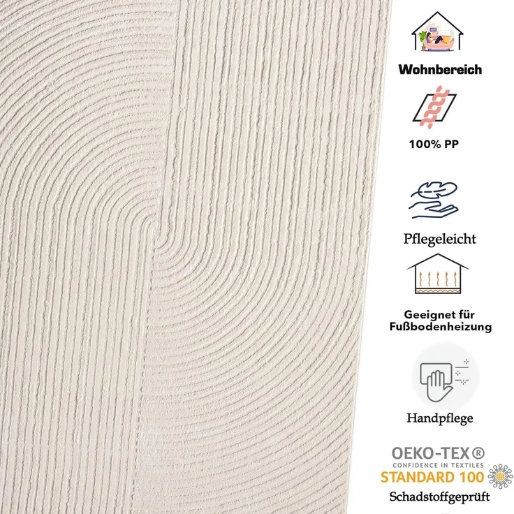 Vimoda Teppich Teppich Wohnzimmer Boho Design dünn kurzflur teppich, Rechteckig, Höhe: 6 mm, Hoch Tief Effekt 3D Teppich, in Creme, Grau &Taupe Läufer Schlafzimmer – Bild 7