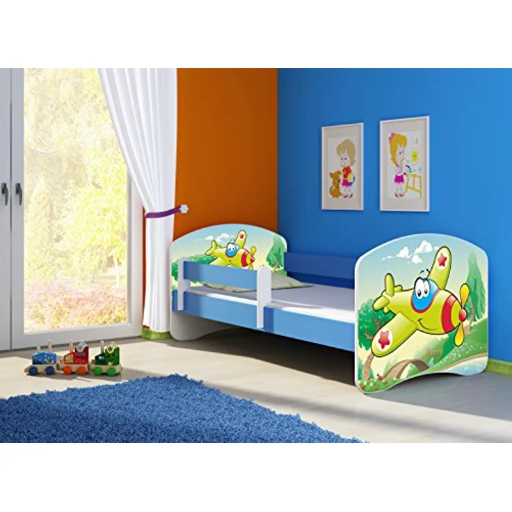 ACMA Kinderbett Jugendbett mit Einer Schublade und Matratze Blau mit Rausfallschutz Lattenrost II 140x70 160x80 180x80 (29 Flugzeug, 160x80) – Bild 3