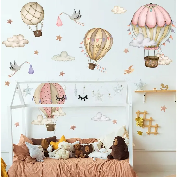 Montegoni Wandtattoo Tiere Heißluftballon Wolken Wandaufkleber Rosa Farbe für Kinderzimmer (Baby Kinderzimmer Wandtattoos Mädchenzimmer Aufkleber), 30 x 90 cm, selbstklebend, rückstandslos entfernbar