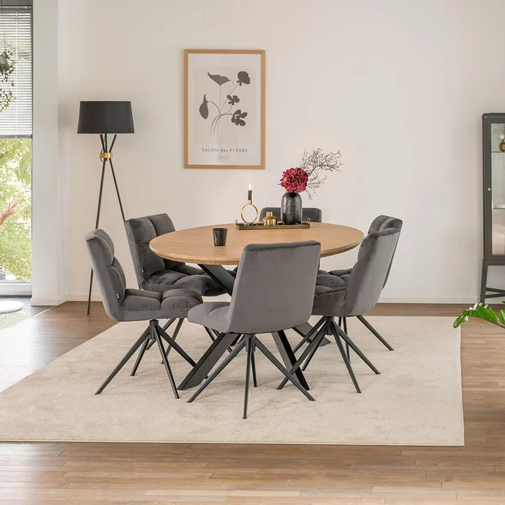 HOME DELUXE Essgruppe Oval inkl. Sternfuß - 200 x 120 cm Fishbone Oak 6 Stühle Hellgrau – Bild 1