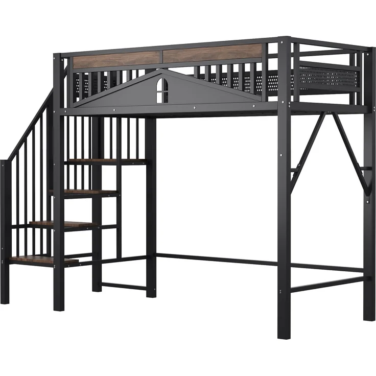 Metall-Hochbett 90x200 cm, Einzigartige Sicherheitsumrandung mit Fenster, Mit Sicherheitsleiter, Genügend Platz unter dem Bett für freien Stoffbezug, Schwarz – Bild 6