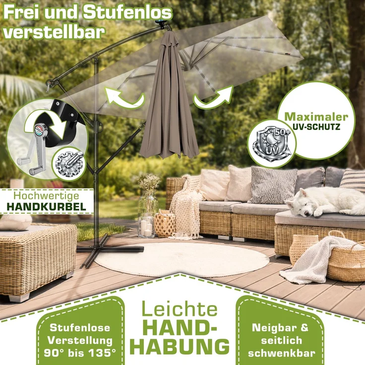 tillvex® Alu Sonnenschirm Rechteckig Ø 330 cm mit LED Solar Cappuccino + Abdeckung mit Kurbel | Ampelschirm mit Ständer & Windschutz | Gartenschirm UV-Schutz, wasserdicht, 360° drehbar | Kurbelschirm Marktschirm – Bild 3