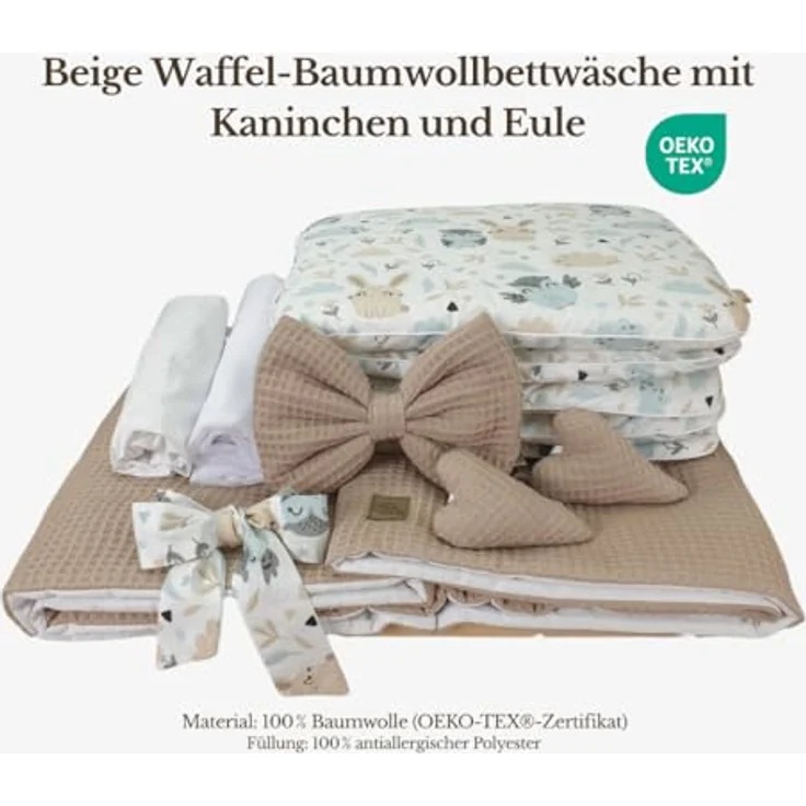 WIKLINOPOL Stubenwagen Lena aus Weide – Babywiege mit Rollen, Matratze, Baldachin & Bettwäsche aus Waffelstoff mit Kaninchen Beige, handgefertigt, weiß Moseskorb – Bild 5