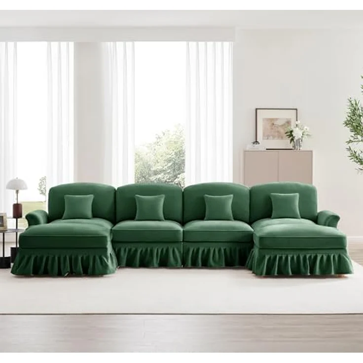 Ball & Cast Sofa Sets, Sofa 2 Sitzer mit Flared Armlehnen, Modulares Sofa mit Abnehmbarem Volant für Wohnzimmer, Grün, 4 Sitze + 2 Hocker – Bild 4