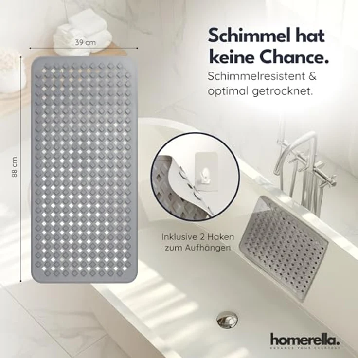 Homerella Badematte rutschfest Hautsensitiv 88x39cm, INKL. AUFHÄNGUNG, Antirutschmatte Badewanne BPA frei, Duschmatte schimmelresistent & maschinenwaschbar – Bild 4