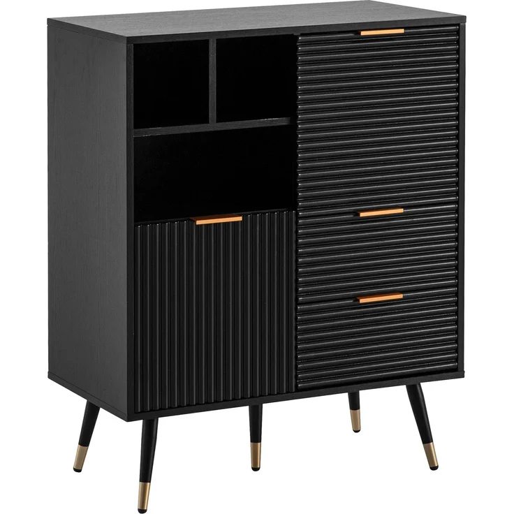 FINEBUY Kommode FB103427 (77x97x40 cm Eiche-Optik Schwarz, Kommode Modern), Anrichte, Standschrank mit 2 Türen & Schubladen – Bild 6