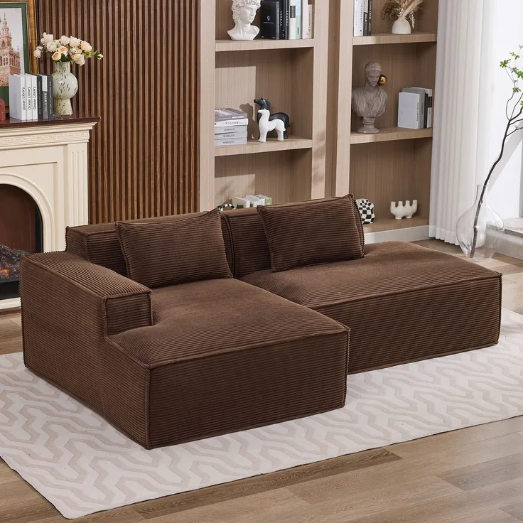 LVHOM Ecksofa 2 Sitzer, Modulares Sofa 235 cm breit, L-Form Sofa mit 2 Kissen, Schlafsofa aus Cordstoff, kein Aufbau erforderlich, Braun