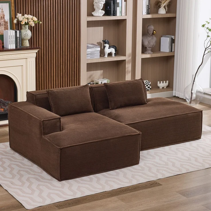 LVHOM Ecksofa 2 Sitzer, Modulares Sofa 235 cm breit, L-Form Sofa mit 2 Kissen, Schlafsofa aus Cordstoff, kein Aufbau erforderlich, Braun – Bild 1