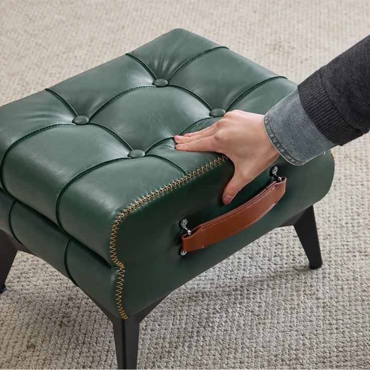 Tragbarer Fußhocker aus grünem Leder mit Metallbeinen, Multifunktionaler Fußhocker, Mehrzweck-Schuhwechselhocker für Wohn- und Schlafzimmer, Einfache Form, passend für verschiedene Wohnstile.--Grün--43x33x30cm--YOUDENOVA – Bild 5
