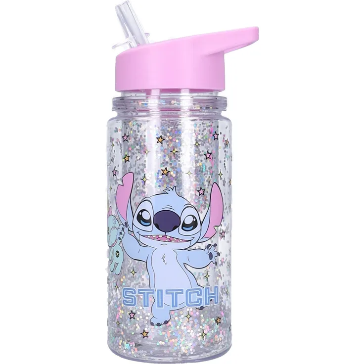 Disney Lilo & Stitch Trinkflasche Kinder 300 ml mit Strohhalm Glitzer Flasche und Griff