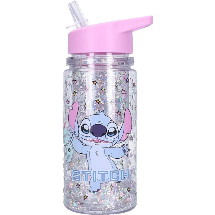 Disney Lilo & Stitch Trinkflasche Kinder 300 ml mit Strohhalm Glitzer Flasche und Griff – Bild 1