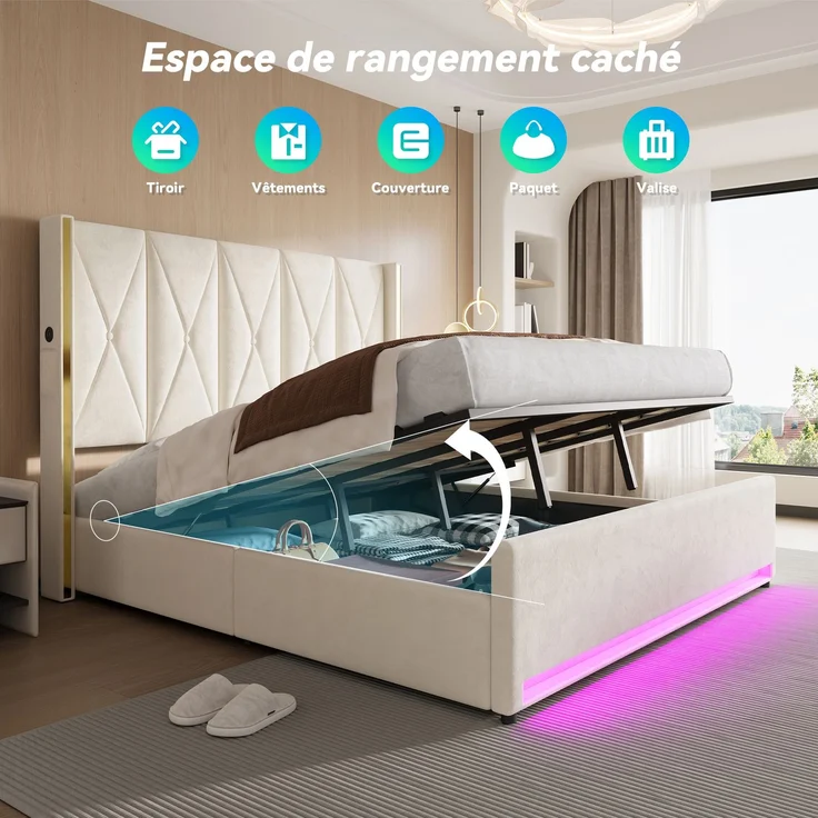 TavilaEcon Boxspringbett Veloursbett mit hohem Kopfteil, Seitentaschen & USB beige Liegefläche 180 × 200 cm – Bild 7