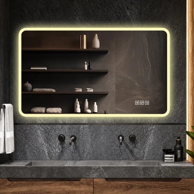 Badezimmerspiegel 100x60 cm mit LED-Frontbeleuchtung, Anti-Beschlag-Funktion und Milchglasrand
