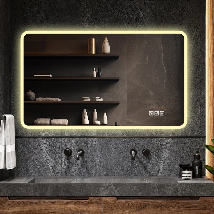 Badezimmerspiegel 100x60 cm mit LED-Frontbeleuchtung, Anti-Beschlag-Funktion und Milchglasrand – Bild 1