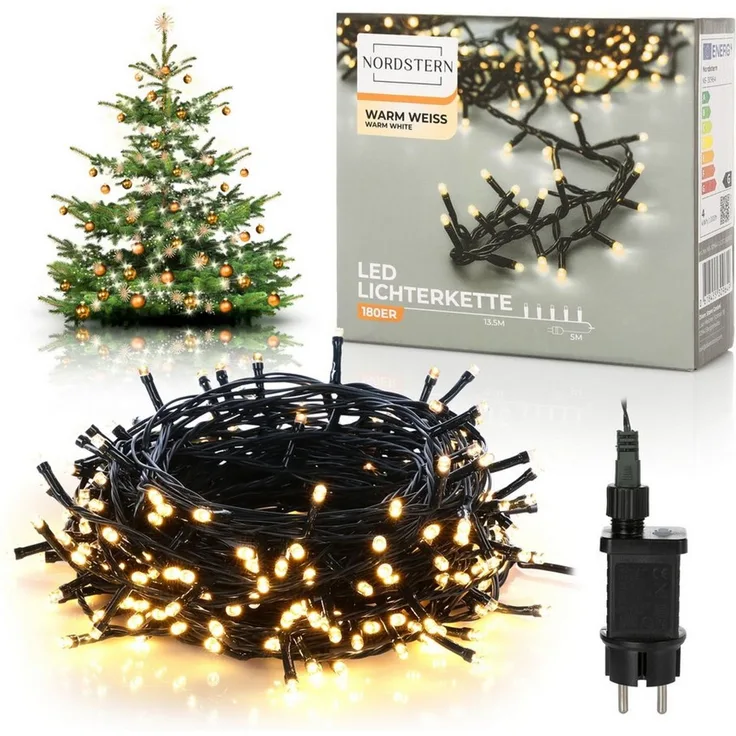 Nordstern LED-Lichterkette WarmWeiß von 24 bis 1.200 LED Weihnachtsdeko für Innen und Außen, mit Stecker 180 LED - 13,5 m für Weihnachtsbaum