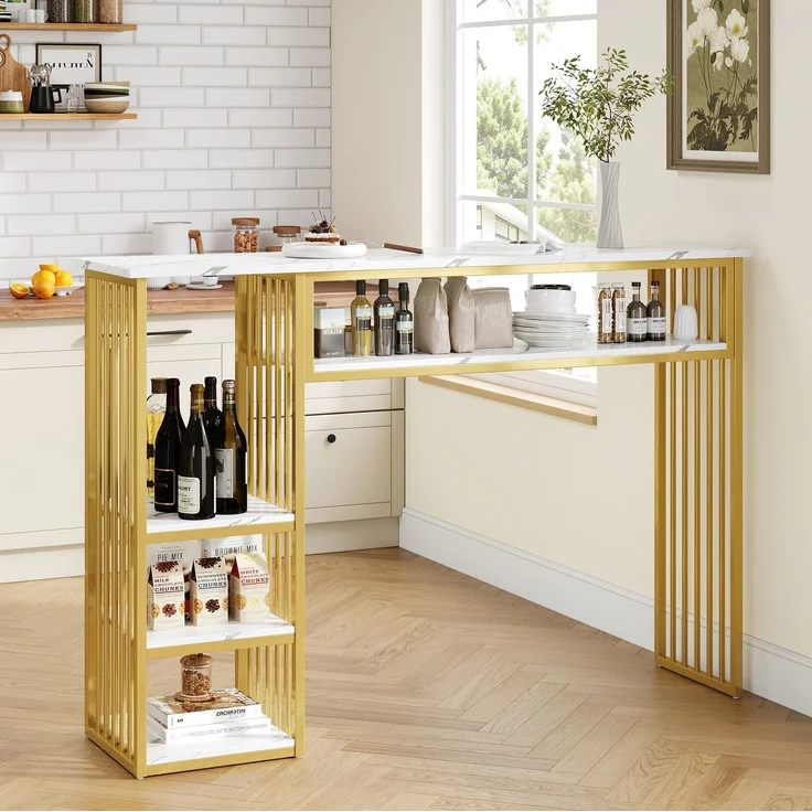 Bartisch mit Ablageflächen, MDF in Marmoroptik, 140x40x105 cm, Weiß/Gold – Bild 1