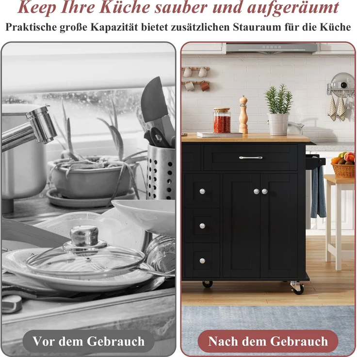 Kücheninselwagen 140cm klappbar mit Schubladen, Schränken, Handtuchhalter & Gewürzregal,Schwarz & Natur – Bild 5
