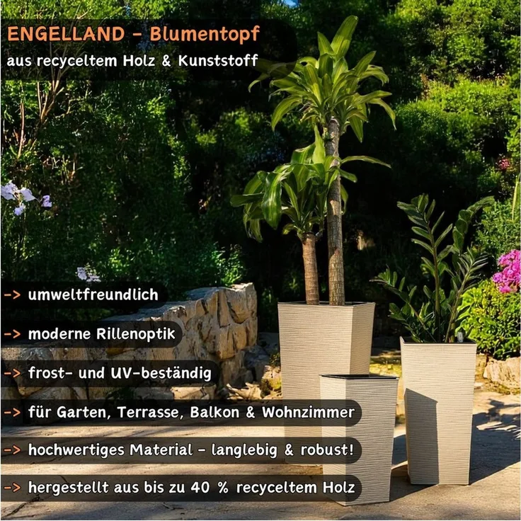 Engelland Pflanzkübel Blumentopf aus recyceltem Kunststoff & Holz (WPC), Rillenoptik (UV-beständig, wetterfest), Blumenkübel für Garten, Balkon, Terrasse, Innen- und Außenbereich