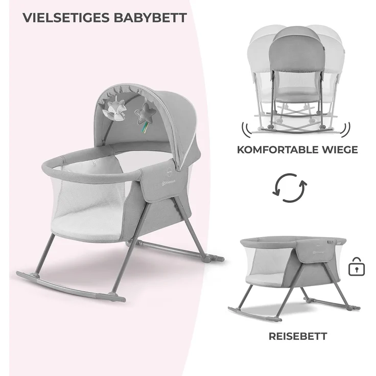 Kinderkraft Kinderbett 3 in 1 LOVI, Kinderreisebett, Stubenwagen, Babywiege, Baby Wippe, Zusammenklappbar, Einfach Transport, mit Zubehör, Tasche, Moskitonetz,von Geburt bis 9 kg, Grau – Bild 5