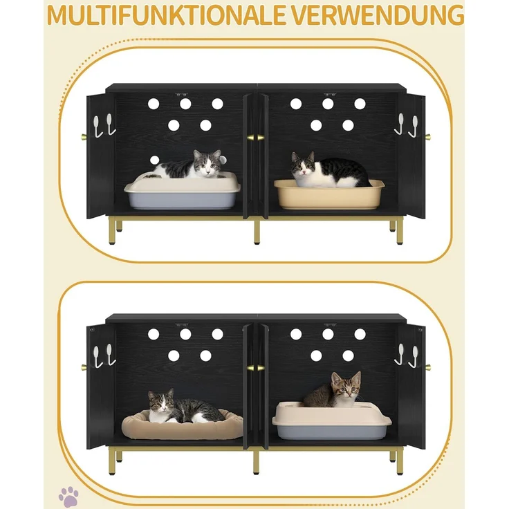 Katzenschrank für 2 Katzen, 119cm Versteckte Katzentoilettenmöbel, Hölzernes Haustierhaus, Aufbewahrungsschrankbank, Passend für die Meisten Katzentoilettenkä, Schwarz und Gold – Bild 5