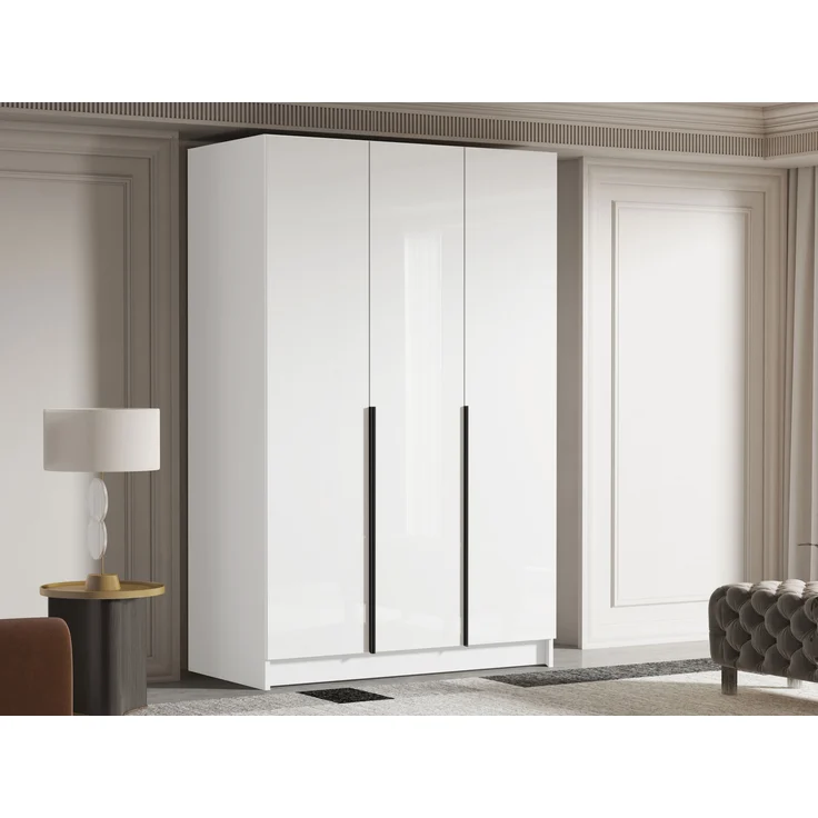 Drehtürenschrank Cikzori I, Kleiderschrank mit 3 Türen (Farbe: Weiß / Weiß Hochglanz + Schwarz) – Bild 1