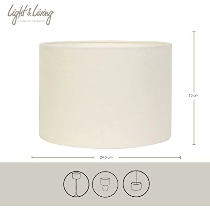 Light & Living Lampenschirm LIVIGNO, Ø 40 cm, Cremeweiß, Außenmaterial Stoff, Innenmaterial PVC, Halterung aus Metall – Bild 2