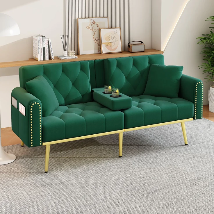 ZUBALIYA Schlafsofa 80x73.5 cm, mit LED - Beleuchtung, mit Stauraum, mit Samtbezug, mit breiten Armlehnen, Grün – Bild 2