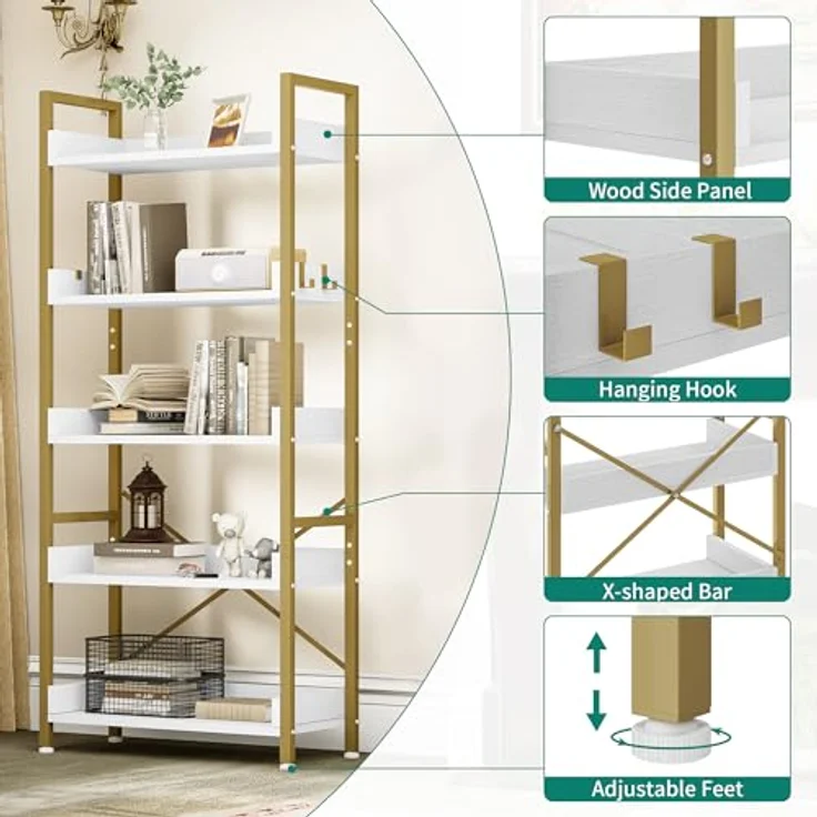 YITAHOME Bücherregal 5 Etagen, Bodenstehendes Bücherregal, Holzregal und stabiles Stahlrahmenregal mit 4 Haken Industrielles Lagerregal für Wohnzimmer, Heimbüro, Golden – Bild 5