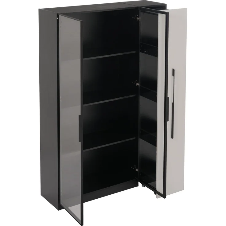 Flieks LED Vitrinenschrank 110.5×35×160 cm, Multifunktionsschrank mit Glasvitrine, Bücherregal & Aufbewahrungsschrank, Rollschrank schwarz & weiß – Bild 5