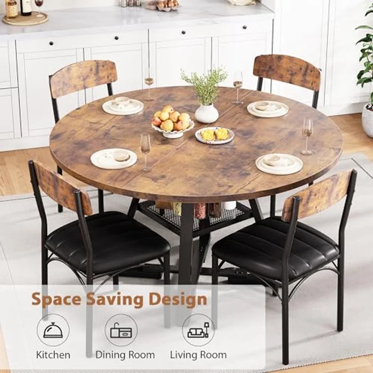 Jocoevol Runder Esstisch und 4 Esszimmerstühle Set, Essgruppe 5-Teilig, Esszimmertisch mit Ablage und 4 stühle, platzsparender Küchentisch aus Holz im Industrial Design (Vintage Braun, 130 x 130 x 76 cm) – Bild 3
