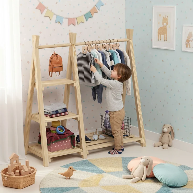Bellabino 'Ryck' Tipi Kleiderstange mit 3 Regalen, Kiefer Massivholz, natur, 112x48x112 cm, Kindergarderobe mit Schuhablagefläche – Bild 6