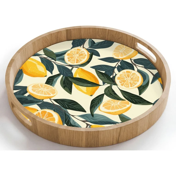 OnlyWow Tablett Rund mit Henkel Zitronen - Früchte - Blätter - Gelb - Grün - Beige, Eichenholz, (1-tlg), Siervierplatte, Tray, Frühstücksbrett – Bild 1