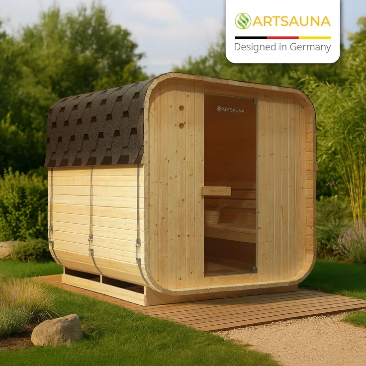 Artsauna Fasssauna Nolvik XL, Outdoor-Sauna aus Fichtenholz, 8 kW Ofen, LED, Komplettset mit Sanduhr, Eimer & Thermometer, winterfest, Cube Design – Bild 7