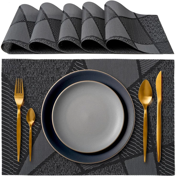 ABC Elegantes Esszimmer-Set, 6-teilig, 45 x 30 cm, abwaschbar, hitzebeständig, rutschfest, fleckenabweisend, für Küche und Esszimmer, schwarz – Bild 2