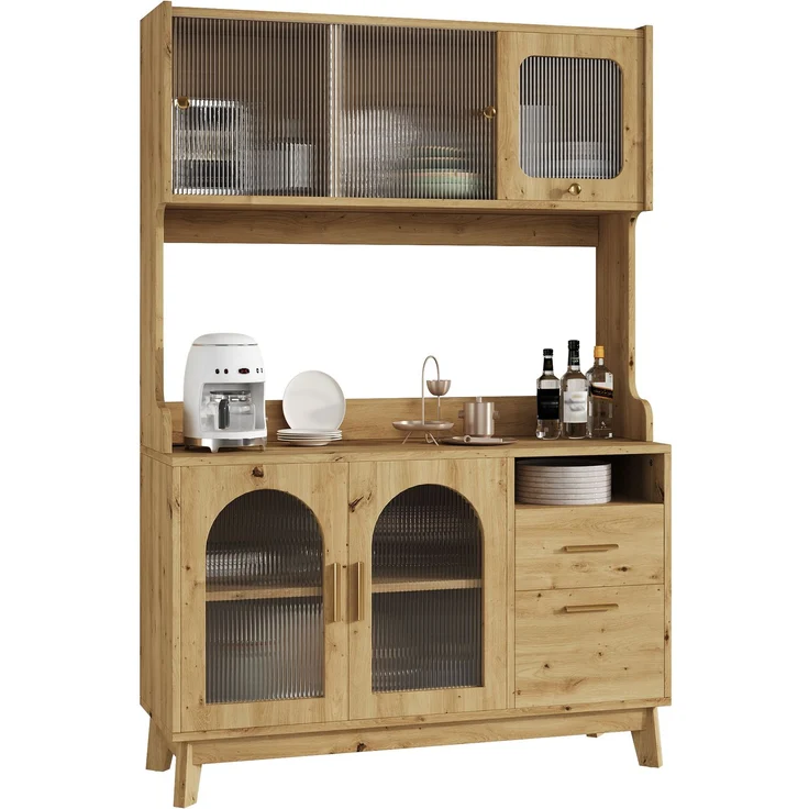 Buffetschrank 120 x 40 x 178 cm mit Steckdosen und USB – Hochschrank in Holzfarbe mit Acrylglasfront – Bild 5