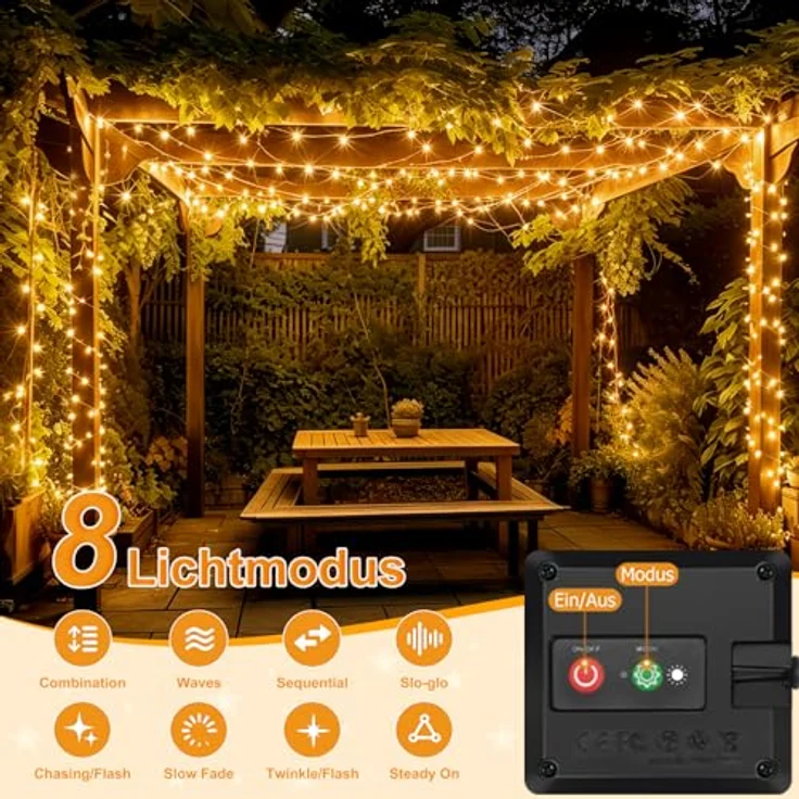 litogo Solar Lichterkette Aussen, 12M 120 LED Lichterkette Außen Wasserdicht KupferDraht 8 Modus Solarlichterkette Deko für Garten, Balkon, Terrasse, Tor, Hof, Hochzeit, Party (Warmweiß) – Bild 3