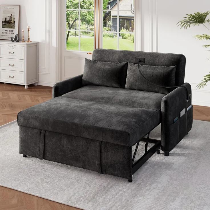 Ausziehbares Schlafsofa 2-Sitzer mit USB-Anschluss & verstellbarer Rückenlehne mit Kissen und Stauraumtaschen,multifunktionales,Grau – Bild 1