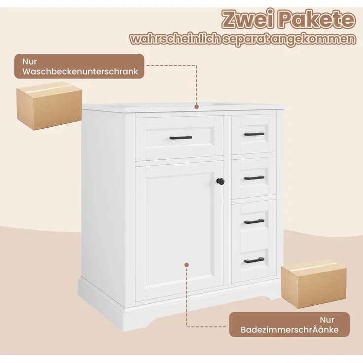 76 x 47 x 82 cm; bodenstehender Waschtischunterschrank; lackierte Oberfläche; Türen mit Soft-Close-Funktion; zweistufiger seitlicher Auszug; integriertes Keramikwaschbecken; Türregal; Weiß. – Bild 10