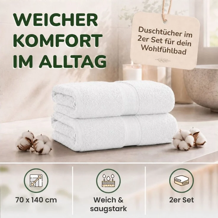 leevitex® Duschtücher 2er-Set, 70x140 cm, 100% Baumwolle, saugstark und fusselfrei, Frottee (Set, 2-St), OEKO-TEX® STANDARD 100 zertifiziert, gestreifte Bordüre – Bild 2