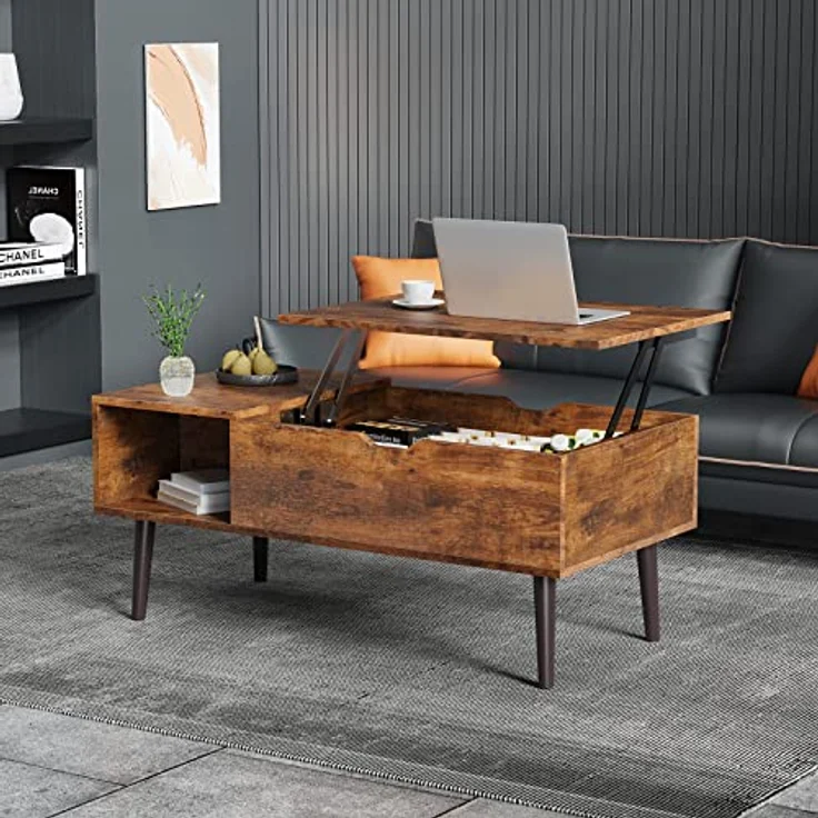 Sweetcrispy Couchtisch Höhenverstellbar, Tisch Wohnzimmertisch, offener und versteckter Stauraum Couchtisch, Sofatisch Beistelltisch, 100x50 cm Sofatisch aus Holz für Wohnzimmer, Braun – Bild 3
