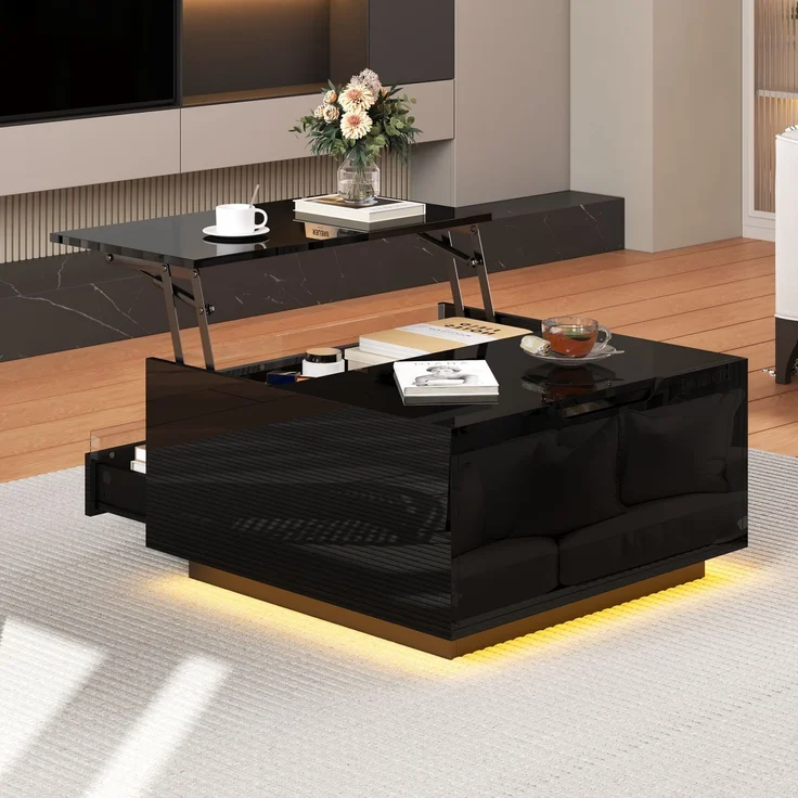 Couchtisch mit Liftfunktion und LED, quadratischer Wohnzimmertisch 70 x 70 x 38 cm, schwarz Hochglanz, Acryl-Perspektivdesign – Bild 3
